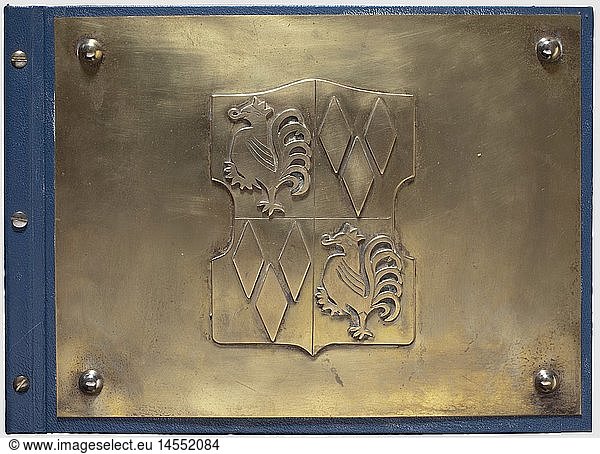 A photo album  a present to Navy Captain Patzig of the armoured cruiser 'Graf Spee'. Blue leather cover  the front and back side covered with a brass plate  bearing the ship's coat of arms in relief on the front. 120 pictures in various sizes  newspaper clippings  and printed matters. Photos showing Hitler and Mackensen visiting the ship  fleet parade at Spithead 1937 on the occasion of the coronation festivities etc. Dimensions 36 x 26 x 3.5 cm  historic  historical  1930s  20th century  navy  naval forces  military  militaria  branch of service  branches of service  armed forces  armed service  object  objects  stills  clipping  clippings  cut out  cut-out  cut-outs