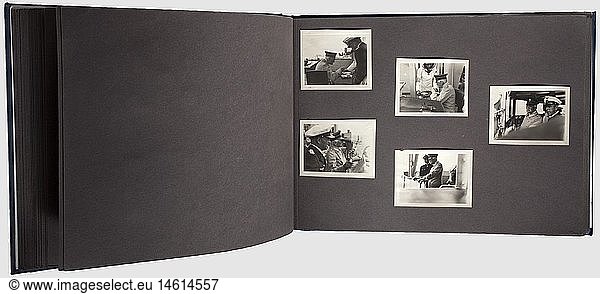 A photo album  a present to Navy Captain Patzig of the armoured cruiser 'Graf Spee'. Blue leather cover  the front and back side covered with a brass plate  bearing the ship's coat of arms in relief on the front. 120 pictures in various sizes  newspaper clippings  and printed matters. Photos showing Hitler and Mackensen visiting the ship  fleet parade at Spithead 1937 on the occasion of the coronation festivities etc. Dimensions 36 x 26 x 3.5 cm  historic  historical  1930s  20th century  navy  naval forces  military  militaria  branch of service  branches of service  armed forces  armed service  object  objects  stills  clipping  clippings  cut out  cut-out  cut-outs  man  men  male