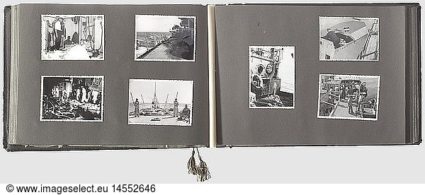 A photo album for the heavy cruiser Deutschland  foreign voyage in 1937 with the deployment of the Condor Legion A large format photo album with 107 photographs of the heavy cruiser Deutschland. The pictures are of various sizes and show life on board the Deutschland  the effects of attacks on the ship during the Spanish Civil War in 1937  and other photographs of naval life. There are a few loose photos as well as newspaper clippings listing casualties. Interesting photographs concerning the deployment of a German cruiser in Spanish waters  historic  historical  people  1930s  20th century  navy  naval forces  military  militaria  branch of service  branches of service  armed forces  armed service  object  objects  stills  clipping  clippings  cut out  cut-out  cut-outs