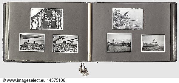 A photo album for the heavy cruiser Deutschland  foreign voyage in 1937 with the deployment of the Condor Legion A large format photo album with 107 photographs of the heavy cruiser Deutschland. The pictures are of various sizes and show life on board the Deutschland  the effects of attacks on the ship during the Spanish Civil War in 1937  and other photographs of naval life. There are a few loose photos as well as newspaper clippings listing casualties. Interesting photographs concerning the deployment of a German cruiser in Spanish waters  historic  historical  people  1930s  20th century  navy  naval forces  military  militaria  branch of service  branches of service  armed forces  armed service  object  objects  stills  clipping  clippings  cut out  cut-out  cut-outs