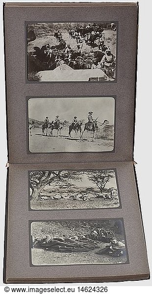 A photo album of a Schutztruppe soldier  German South-West Africa  circa 1910 Photo album with 91 photographs  size 11 x 16 cm and six loose photos. Circa 27 of the photos with images of the Schutztruppe  the rest with images of nature  wildlife and natives  historic  historical  people  1910s  20th century  navy  naval forces  military  militaria  branch of service  branches of service  armed forces  armed service  object  objects  stills  clipping  clippings  cut out  cut-out  cut-outs
