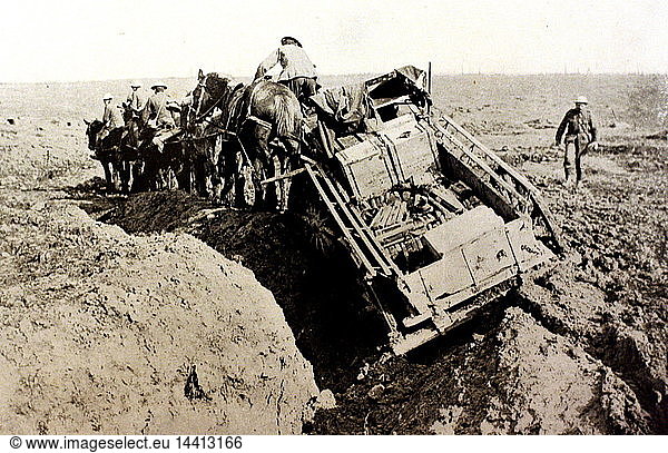 A photograph from the First World War showing a horse drawn transport cart stuck in transit. First World War circa 1914-1918.