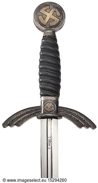 A pilot's sword M 35 in 'heavy' issue Beautiful nickel-plated blade with maker's mark 'SMF Solingen' beneath an acceptance stamping. Silvered nickel silver crossguard (stamped '76') and pommel  each with golden sun wheel swastikas. Blue leathered grip and wire wrap. Blue leathered scabbard with nickel silver fittings  the mouth piece stamped '76' and 'Fl. E. A. 16'  stitched leather hanger. Signs of age and usage. Length circa 92 cm. historic  historical  Air Force  branch of service  branches of service  armed service  armed services  military  militaria  air forces  object  objects  stills  clipping  clippings  cut out  cut-out  cut-outs  20th century