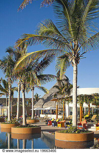 A pool scene at a luxury hotel in La Paz  Mexico.