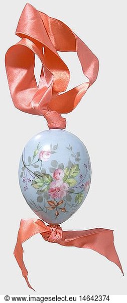 A porcelain easter egg  Imperial Russian Porcelain Manufactory St. Petersburg  circa 1900. White  glazed porcelain with hand-painted floral designs in colour against a light blue background  and the Cyrillic inscription 'Christos Voskrese'. Height ca. 7 cm. Salmon-coloured silk suspension. historic  historical  1900s  20th century  19th century  object  objects  stills  clipping  clippings  cut out  cut-out  cut-outs
