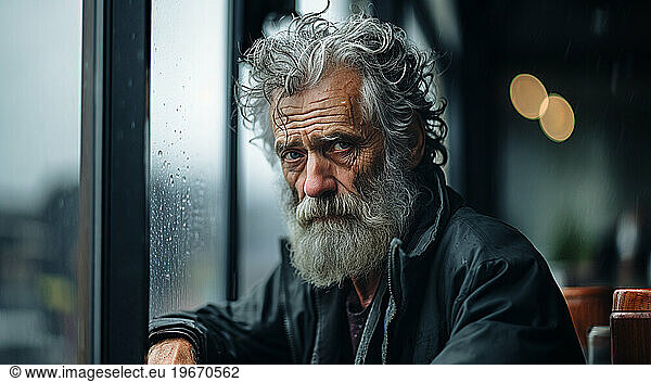 A portrait of a homeless man indoors