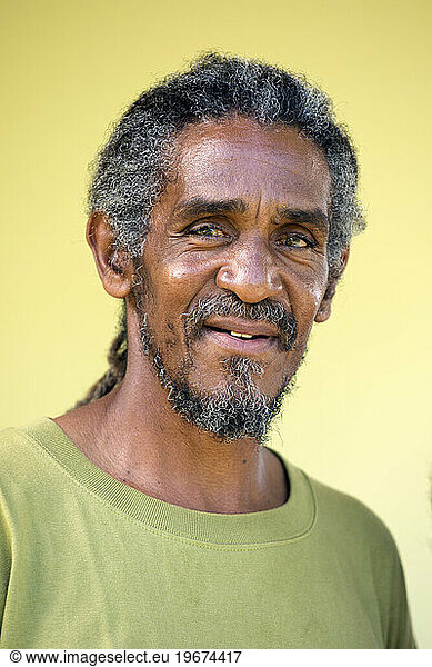 A portrait of a Rastafarian man on the Caribbean island of Dominica.