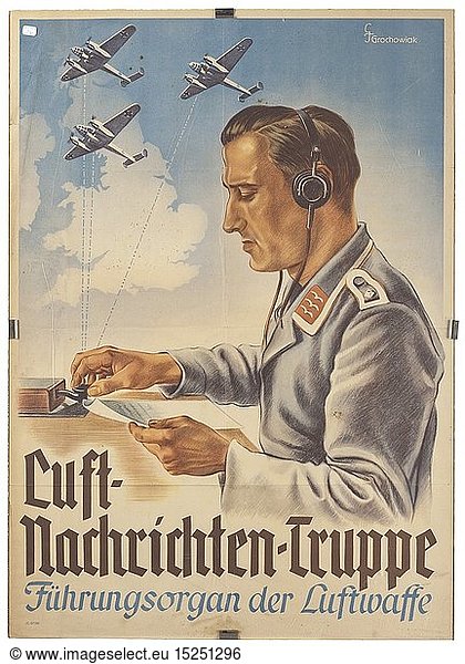 A poster advertising the 'Luft-Nachrichten-Truppe' (tr. 'airforce-signal-unit') design by Thomas Grochowiak (1914 - 2012) historic  historical  Air Force  branch of service  branches of service  armed service  armed services  military  militaria  air forces  object  objects  stills  clipping  clippings  cut out  cut-out  cut-outs  20th century