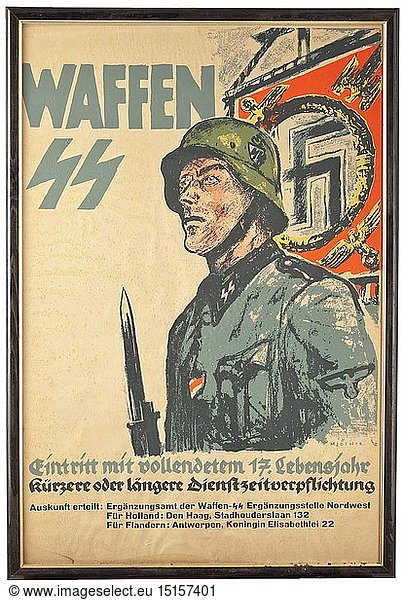 A poster advertising the Waffen-SS ErgÃ¤nzungsstelle Nordwest design by 'MjÃ¶lnir' (Hans Herbert Schweitzer  1901 - 1980) historic  historical  20th century  1930s  1940s  Waffen-SS  armed division of the SS  armed service  armed services  NS  National Socialism  Nazism  Third Reich  German Reich  Germany  military  militaria  utensil  piece of equipment  utensils  object  objects  stills  clipping  clippings  cut out  cut-out  cut-outs  fascism  fascistic  National Socialist  Nazi  Nazi period