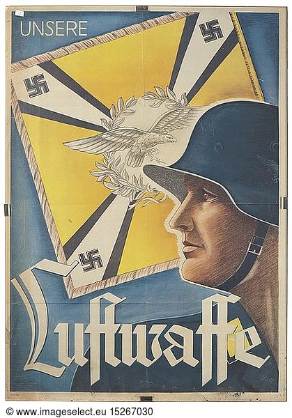 A poster advertising 'Unsere Luftwaffe' (tr. 'our airforce') signed 'Koll' historic  historical  Air Force  branch of service  branches of service  armed service  armed services  military  militaria  air forces  object  objects  stills  clipping  clippings  cut out  cut-out  cut-outs  20th century