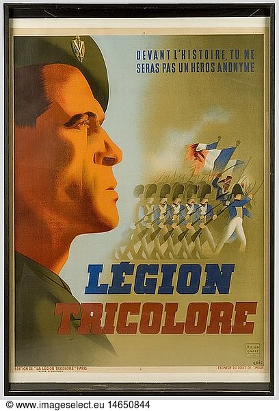 A poster for the engagement in the French Legion  illustrating a legionnaire on a background painting of a napoleonic troop manoeuvre. 'Tu ne seras pas un hÃ©ro anonyme' (You will not be an anonymous hero). French Legion publishing  dimensions 120 x 82 cm. Framed.  historic  historical  people  1930s  20th century  object  objects  stills  clipping  clippings  cut out  cut-out  cut-outs  poster  bill  placard  bills  posters  placards  illustrations  propaganda