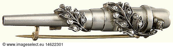 A presentation brooch from Friedrich Krupp AG  in the form of a cannon barrel. Detailed workmanship  stepped barrel including an indicated breechblock of platinum with leafy vine overlay and 19 brillant roses. Golden clasp on reverse side. In a red/brown leather presentation case  lined with ecru coloured silk and velvet. Inscribed 'E. Goldschmidt Hof.Juwelier Cöln' (E. Goldschmidt Court Jeweller Cologne) in the lid. Length 5.5 cm. Weight 12.9 g. This brooch was a gift from the Friedrich Krupp AG  founded in 1811  to Korvettenkapitän (Lieutenant Commander) Emil Masche. Masche joined the Navy in 1868 and was promoted to Kapitänleutnant (Lieutenant)in 1878. In 1886 he was assigned to the Wilhelmshaven shipyard as a Korvettenkapitän with the artillery division. He appears on the naval rank list for the last time in 1889 as an artillery officer and commander of the Artillery Depot in Geestemünde. historic  historical  19th century  navy  naval forces  military  militaria  branch of service  branches of service  armed forces  armed service  object  objects  stills  clipping  clippings  cut out  cut-out  cut-outs  fine arts  art  art object  art objects  artful  precious  collectible  collector's item  collectibles  collector's items  rarity  rarities