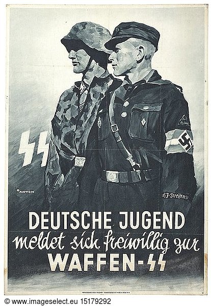 A promotional poster 'Deutsche Jugend meldet sich freiwillig zur Waffen-SS' design by Ottomar Anton (1895 - 1976) historic  historical  20th century  1930s  1940s  Waffen-SS  armed division of the SS  armed service  armed services  NS  National Socialism  Nazism  Third Reich  German Reich  Germany  military  militaria  utensil  piece of equipment  utensils  object  objects  stills  clipping  clippings  cut out  cut-out  cut-outs  fascism  fascistic  National Socialist  Nazi  Nazi period