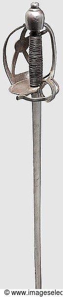 A Prussian dragoon sword with iron hilt  1st half of the 18th century. Straight blade of lenticular section with short ricasso  one side stamped 'Potzdam' (somewhat rubbed)  the other face with eagle mark. Iron hilt with kidney-shaped half-basket  thumb ring  knuckle-bow and crossed ancillary bars  rounded pommel with high  riveted finial. Leather-covered grip with iron wire winding. Iron parts gently cleaned  the grip with signs of age. Length 110 cm. Dragoon swords with iron hilts were carried by Dragoon Regiment Nr. 3  the 'Grenadiers zu Pferd'  according to Adolph Menzel  (cf. Die Armee Friedrichs des GroÃŸen in ihrer Uniformierung  page 66). In 1741 Frederick the Great divided the regiment  one part forming the cadre for the new Dragoon Regiment Nr. 4 (see p. 70). From this year on  two Prussian dragoon regiments carried such weapons. Provenance: Alfred Wunderlich Collection  historic  historical  18th century  melee weapon  melee weapons  weapons  arms  weapon  arm  hand weapon  hand weapons  Old Prussia  Prussian  German  Germany  military  militaria  thrusting  thrustings  handheld  object  objects  stills  clipping  clippings  cut out  cut-out  cut-outs