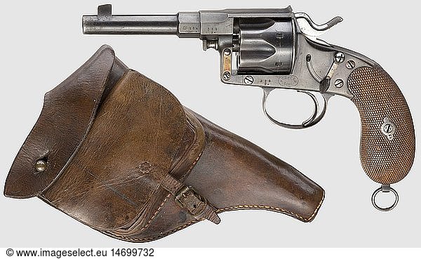 A rare trial percussion revolver  in its case  Stahl in Hassfurth  circa 1865  cal. 9 mm  no. 10. Matching numbers. Bright bore  octagonal barrel  length 208 mm. 5-shot. Single action. Upper side of barrel engraved 'R. STAHL IN HASSFURT'. All parts except barrel with elaborate and deep vine engraving. Weapon originally etched grey except for cylinder  now partially patinated. Cylinder browned with rotation marks. Smooth one-part walnut grip panel. Lanyard loop. Faulty cylinder rotation  repairable. Very good overall condition of a Stahl trial revolver with unusual barrel length to be presented to the Bavarian Smallarms Trial Commission. Extremely rare. In addition the corresponding walnut case  dimensions 43 x 20 x 6 cm  inlaid with green felt  therein: piston key  screwdriver  primers with further loading utensils. Cf. MÃ¼ller  Geschichte und Technik der europÃ¤ischen MilitÃ¤rrevolver  pp. 123 and 204 f. Erwerbsscheinpflichtig  historic  historical  19th century  German Empire  Germany  Imperial  object  objects  stills  clipping  cut out  cut-out  cut-outs  firearm  fire arm  gun  fire arms  firearms  guns  weapon  arms  weapons  arms  militaria