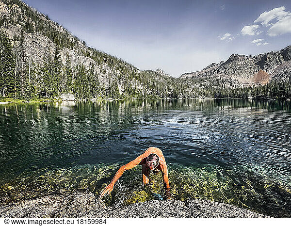 A refreshing dip in the Sawtooth's remote Saddleback Lakes