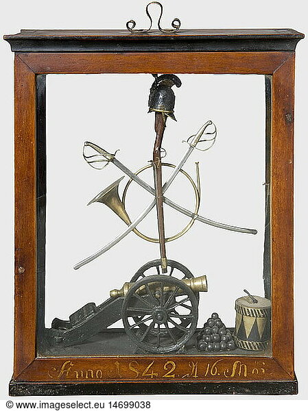 A regular's table decoration  Onstmettingen/Württemberg  1st half of the 19th century Glazed  partly ebonised viewing case with an eyelet for hanging  marked on the lower edge 'Anno 1842 16. Mai'. Within this a bundle of trophies consisting of a helmet  crossed swords  an infantry musket and a horn above a realistic representation of an artillery piece with stacks of cannon balls and a drum. Case is somewhat dented  one moulding missing. Dimensions 24 x 28 x 8 cm. The consignor states this piece came from the regular's table of the Soldier's Association of Onstmettingen/Zollern-Albkreis in the brewery inn 'Zum Lamm'. historic  historical  19th century  Wuerttemberg  Wurttemberg  Württemberg  Southern Germany  the South of Germany  south german  object  objects  stills  clipping  clippings  cut out  cut-out  cut-outs  fine arts  art  art object  art objects  artful  precious  collectible  collector's item  collectibles  collector's items  rarity  rarities