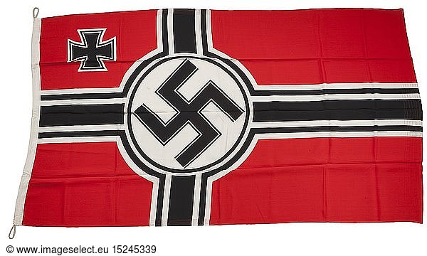 A Reich war flag Double-sided  printed cotton construction. Hoist edge with white bunting stamped 'Kr.fl.100-170'  manufacturer's name and rope lanyard ends. Approximately 170 x 100 cm. USA-lot  see page 4. historic  historical  navy  naval forces  military  militaria  branch of service  branches of service  armed forces  armed service  object  objects  stills  clipping  clippings  cut out  cut-out  cut-outs  20th century