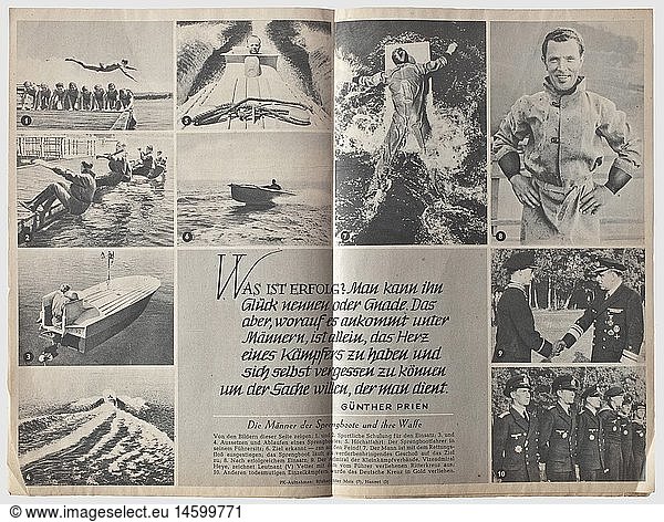 A report of the missions of small naval combat forces  command  war reporter H. Berndt Eighty pages of comprehensive material  concerning missions by German naval UDT swimmers  'Seehunde'(miniature two-man submarines)  and 'one-man torpedoes'. Written by war reporter Helmut Berndt during the 1943-45 period while he was a part of the Naval War Reporter Company (Lorient Platoon). Handwritten and typed  and stamped 'Geheime Kommandosache' (secret-command document) in places. There are also nine large format photographs  some inscribed  showing naval special operation units  a large poster for the naval recruitment section concerning demolition boat pilots  and other documents. Examination recommended. Very interesting material concerning the training and employment of the German naval special operation units. Very rare  historic  historical  people  1930s  20th century  navy  naval forces  military  militaria  branch of service  branches of service  armed forces  armed service  object  objects  stills  clipping  clippings  cut out  cut-out  cut-outs  man  men  male