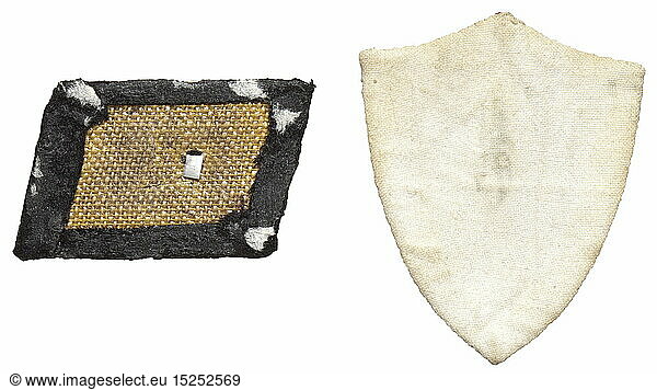 A right collar patch for enlisted men/NCOs of the 15th Waffen Grenadier Division of the SS (Latvian no. 1). Local issue of black woollen material with hand-sawn metal appliqué in the shape of a swastika. Moth traces  reverse glue residue. Included is the corresponding sleeve shield of local production in the state colours of red with diagonal white stripes. historic  historical  20th century  1930s  1940s  secret service  security service  secret services  security services  police  armed service  armed services  NS  National Socialism  Nazism  Third Reich  German Reich  Germany  utensil  piece of equipment  utensils  object  objects  stills  clipping  clippings  cut out  cut-out  cut-outs  fascism  fascistic  National Socialist  Nazi  Nazi period  uniform  uniforms  detail  details