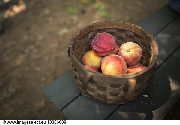 A round basket of fresh peaches  fruits.