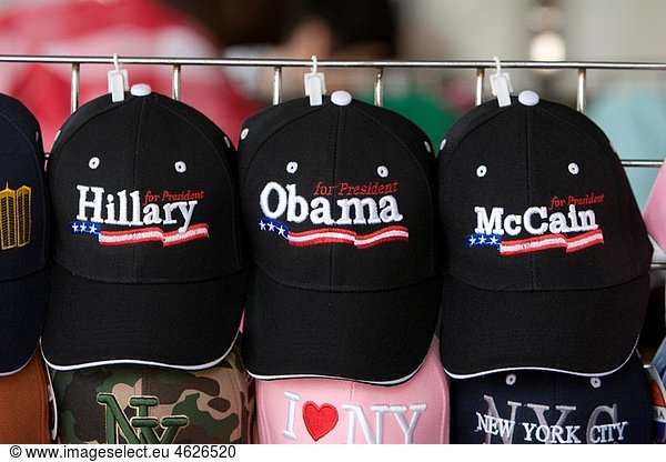 A row of political presidential campaign caps on sale at a vendor near the World Trade Center in New York City  New York  USA  June 3  2008