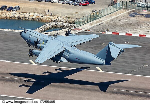 A Royal Air Force Airbus A400M with registration number ZM411 takes off from Gibraltar Airport