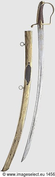 A Russian hussar's sabre for officers  circa 1810 Curved single-edged blade (pitted). Both sides with brass inlaid cypher 'A I' surmounted by an Imperial Russian crown for Alexander I and floral decoration. Brass hilt  leather covered wood grip with brass wire winding. Openwork  partially leather covered brass sheath (signs of age  minor repair) with two movable suspension loops (added). Length 83 cm  historic  historical  19th century  thrusting  thrustings  blade  blades  melee weapon  melee weapons  hand weapon  hand weapons  handheld  weapon  arms  weapons  arms  object  objects  stills  clipping  clippings  cut out  cut-out  cut-outs
