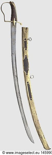 A Russian hussar's sabre for officers  circa 1810 Curved single-edged blade (pitted). Both sides with brass inlaid cypher 'A I' surmounted by an Imperial Russian crown for Alexander I and floral decoration. Brass hilt  leather covered wood grip with brass wire winding. Openwork  partially leather covered brass sheath (signs of age  minor repair) with two movable suspension loops (added). Length 83 cm  historic  historical  19th century  thrusting  thrustings  blade  blades  melee weapon  melee weapons  hand weapon  hand weapons  handheld  weapon  arms  weapons  arms  object  objects  stills  clipping  clippings  cut out  cut-out  cut-outs