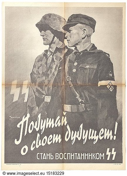 A Russian poster advertising Waffen-SS volunteers design by Ottomar Anton (1895 - 1976) historic  historical  20th century  1930s  1940s  Waffen-SS  armed division of the SS  armed service  armed services  NS  National Socialism  Nazism  Third Reich  German Reich  Germany  military  militaria  utensil  piece of equipment  utensils  object  objects  stills  clipping  clippings  cut out  cut-out  cut-outs  fascism  fascistic  National Socialist  Nazi  Nazi period