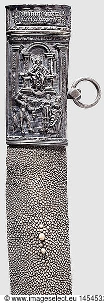 A sabre scabbard with renaissance mounts  18th century  the mounts ca. 1540. Slightly curved wooden scabbard with beautifully pearled ray skin cover. The silver mounts with rich low-relief decoration on the front facing side  the back finely engraved. The front of the chape depicts the Idolatry of Salomon and Judith with the Head of Holofernes beneath  the back side shows Bathsheba Bathing with Samson fighting the Lion beneath. The front of the locket with the Judgement of Solomon and a Latin aphorism above  the back features a finely engraved arms surrounded by a wreath. Some mounts altered for a further use in the 18th century  suspension rings with loops and central clasp supplements of the 18th century. Length 82.5 cm. Rare scabbard with high quality renaissance mounts  historic  historical  16th century  sword  swords  weapons  arms  weapon  arm  fighting device  military  militaria  object  objects  stills  clipping  clippings  cut out  cut-out  cut-outs  melee weapon  melee weapons  metal