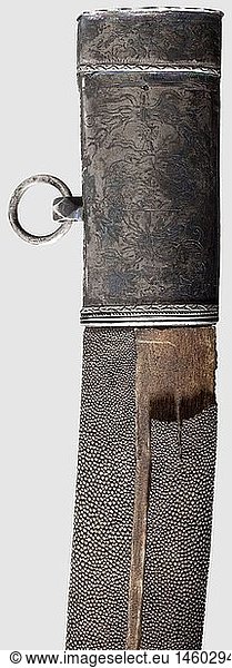 A sabre scabbard with renaissance mounts  18th century  the mounts ca. 1540. Slightly curved wooden scabbard with beautifully pearled ray skin cover. The silver mounts with rich low-relief decoration on the front facing side  the back finely engraved. The front of the chape depicts the Idolatry of Salomon and Judith with the Head of Holofernes beneath  the back side shows Bathsheba Bathing with Samson fighting the Lion beneath. The front of the locket with the Judgement of Solomon and a Latin aphorism above  the back features a finely engraved arms surrounded by a wreath. Some mounts altered for a further use in the 18th century  suspension rings with loops and central clasp supplements of the 18th century. Length 82.5 cm. Rare scabbard with high quality renaissance mounts  historic  historical  16th century  sword  swords  weapons  arms  weapon  arm  fighting device  military  militaria  object  objects  stills  clipping  clippings  cut out  cut-out  cut-outs  melee weapon  melee weapons  metal