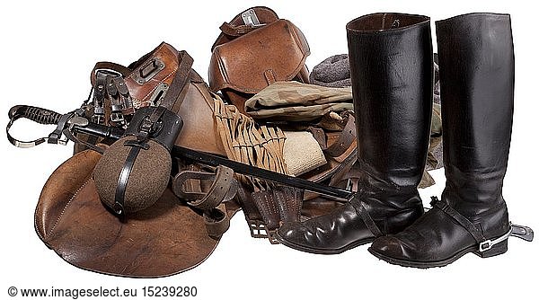 A saddle M 25  saddlebags  equipment. The saddle of brown leather with saddle bridge and throw (rare)  straps and stirrups. The saddle bears multiple stampings such as 'WaA 668' and 'hlv 4' for Maury & Co  Offenbach/Main. Saddle bag and small saddle bag M 34 stamped 'LÃ¼neschloss  Solingen 1941' and 'D & C'. Included is the officer's sabre in smooth issue by Eickhorn  with sword knot  a saddle rug (the so-called 'Woilach')  surcingle  officer's boots with spurs  two canteens  a tarpaulin as well as further straps and accessories. Not checked for completeness  with marks of age and usage. Rare. historic  historical  cavalry  cavalries  military  militaria  mounted troop  branch of service  branches of service  armed service  armed services  object  objects  stills  clipping  clippings  cut out  cut-out  cut-outs  20th century