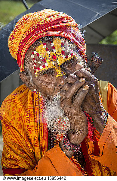 A sadhu  a Hindu holy man  at Pashupatinath Temple in Kathmandu  Nepal