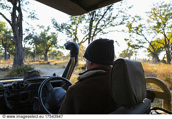A safari guide driving a jeep on a sunrise drive into the bush.