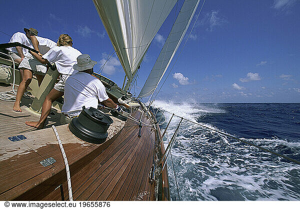 A sailboat racing in the Caribbean.
