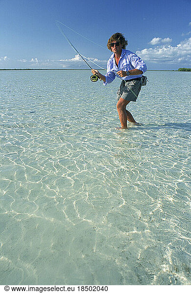 A saltwater fly-fisherman casts to a fish in shallow water.