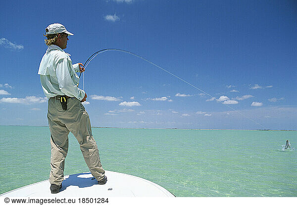 A saltwater fly-fisherman fights a fish in the Bahamas.