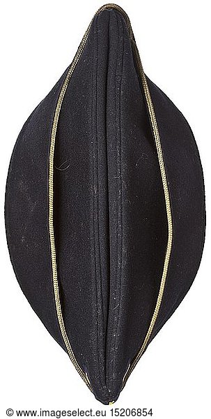 A 'Schiffchen' on-board cap for officers of the Kriegsmarine Depot piece of navy-blue woollen cloth  continuous golden officer's braid  black inner liner  BeVo weave insignia on a dark blue ground. Light signs of usage. historic  historical  navy  naval forces  military  militaria  branch of service  branches of service  armed forces  armed service  object  objects  stills  clipping  clippings  cut out  cut-out  cut-outs  20th century