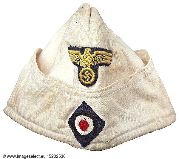 A 'Schiffchen' on-board cap in tropical issue White linen  white inner liner  machine-woven cap eagle (golden-yellow on dark blue ground)  BeVo weave cockade on dark blue ground. In used condition. historic  historical  navy  naval forces  military  militaria  branch of service  branches of service  armed forces  armed service  object  objects  stills  clipping  clippings  cut out  cut-out  cut-outs  20th century