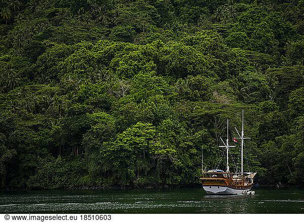 a schooner anchored close to a small island at banda Sea / Indonesia