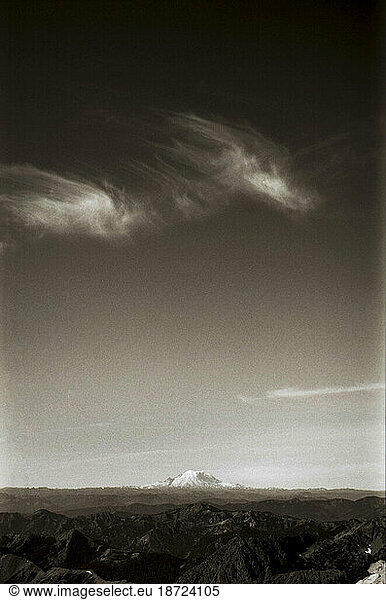 A sepia toned image of Mt. Rainer on a clear day.