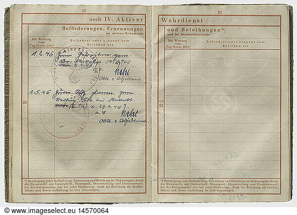 A service record of Generalmajor Herwarth von Bittenfeld  as a Private First Class for front service with Flak Detachment 1001 (V1) Issued 9 May 1944 by the defense recruiting office Breslau with identity photo in civilian dress  however  beneath is a photograph as a Generalmajor. Two pages of service entries among which are commanding officer  Warsaw airport zone and Flak Detachment 1001 (the succeeding entries are blacked out)  promotion to junior officer 1 May 1945  nine award entries etc. Herwarth von Bittenfeld (1890 - 1957)  commanding officer of the Warsaw airport zone  was arrested on 3 November 1942 by the RSHA for 'befriending the Poles' and 'sabotage of Führer orders' because of his opposition to the illegalities committed by the civil administration of the General Gouvernement. The judgment of the war tribunal (three years' imprisonment  loss of rank without forfeiture of a historic  historical  1930s  20th century  Air Force  branch of service  branches of service  armed service  armed services  military  militaria  air forces  object  objects  stills  clipping  clippings  cut out  cut-out  cut-outs  document  documents