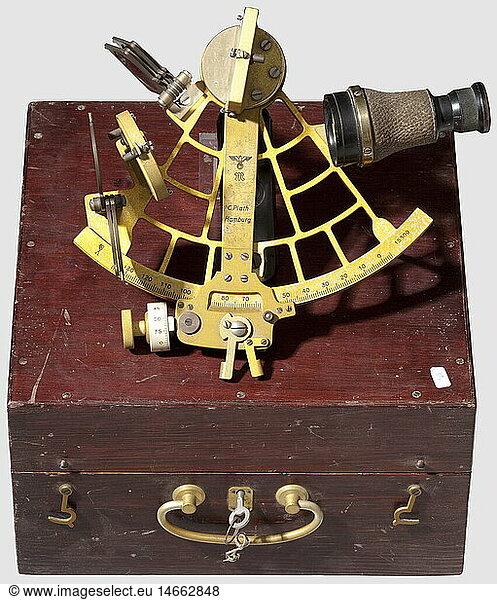 A sextant  Metal frame with yellow  galvanized protective coating and black-accented scale  national eagle (swastika erased) above an 'M'  maker's mark and logo of 'C. Plath Hamburg' with instrument number '15309'  Bakelite grip. Included is the protective box with stamping (Bundeswehr?) of the naval locating school. Interior fittings missing. Not checked for completeness and functionality  historic  historical  1930s  1930s  20th century  navy  naval forces  military  militaria  branch of service  branches of service  armed forces  armed service  object  objects  stills  clipping  clippings  cut out  cut-out  cut-outs  insignia  symbol  symbols