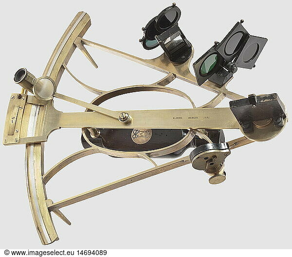 A sextant  of the Prussian royal navy Early precision instrument made of solid polished brass with swivelling mirror  handle and filter elements. Proofmark 'KM' and manufacturer's signature 'R. Imme. Berlin. 1395'  mark 'M / 86' under the imperial crown on a brass plate on the handle  furthermore engraving 'H. Korup Kapitän' on a small ivory plate. In the original wooden case  branded 'M / 86'  brass carrying handle  content: further glasses  cleaning accessories. Traces of age and wear. Dimensions 31 x 30 x 12 cm  historic  historical  1900s  1910s  20th century  navy  naval forces  military  militaria  branch of service  branches of service  armed forces  armed service  object  objects  stills  clipping  clippings  cut out  cut-out  cut-outs  utensil  piece of equipment  utensils  item  items