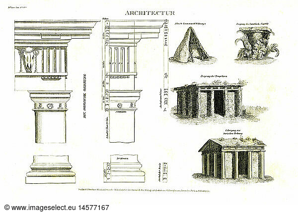 A4  SG hist.  Architektur  Tempel  Antike  Dorische Ordnung  Stahlstich  Meyers Conversationslexikon  Leipzig  1895