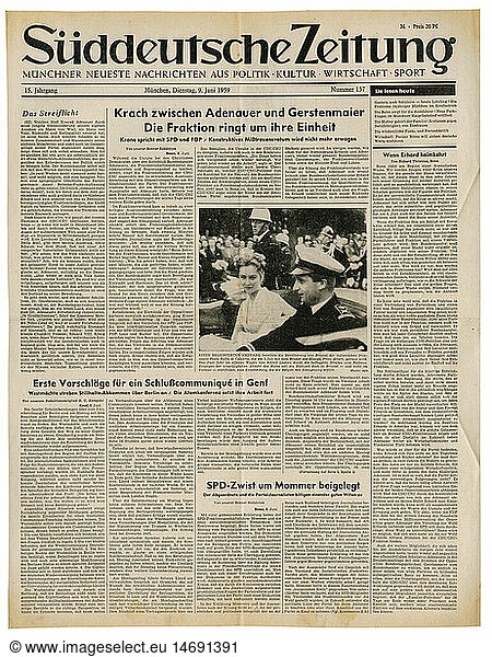 A3 SG hist.  Presse  Zeitschriften/Magazine  'SÃ¼ddeutsche Zeitung'  MÃ¼nchen  15. Jahrgang  Nummer 137  Dienstag 9.6.1959  Titel  'Krach zwischen Adenauer und Gerstenmaier - Die Fraktion ringt um ihre Einheit'