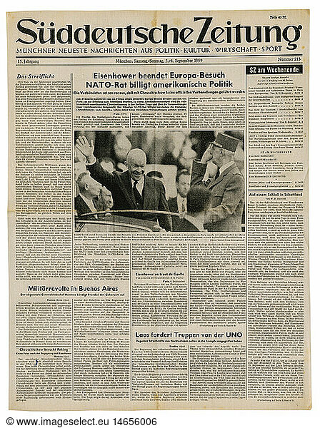 A3 SG hist.  Presse  Zeitschriften/Magazine  'SÃ¼ddeutsche Zeitung'  MÃ¼nchen  15. Jahrgang  Nummer 213  Samstag / Sonntag 5. / 6. 9.1959  Titel  'Eisenhower beendet Europa - Besuch - NATO - Rat billigt amerikanische Politik'