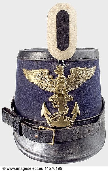 A shako for enlisted men of the Sea Bataillon (marines)  of the Prussian Navy Dark blue felt body with black leather top  band  peak and chinstrap. Brass plaque with cloth covered national. With issue stamps '1C - SB - 1862'. Leather sweatband. The small Prussian Navy existed only from 1848 to 1867 and was merged into the Navy of the North German Confederation. After the Franco-Prussian War this became the Imperial German Navy. According to the parsimony of the 19th century most parts of the equipment stayed in use  were sometimes modernised and worn out in the end. This explains why such shakos are so rare.  historic  historical  19th century  navy  naval forces  military  militaria  branch of service  branches of service  armed forces  armed service  object  objects  stills  clipping  clippings  cut out  cut-out  cut-outs  uniform  uniforms  headpiece  headpieces  helmet  helmets