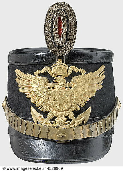 A shako for marine officers.  Cloth covered leather body  peaks  lower band  and top are lacquered black. Gilt eagle plate and metal chinscales. Ventilation mesh on the sides (one missing). Officer's field insignia. Green-coloured ribbed silk lining. Leather sweatband. historic  historical  1900s  1910s  20th century  navy  naval forces  military  militaria  branch of service  branches of service  armed forces  armed service  object  objects  stills  clipping  clippings  cut out  cut-out  cut-outs  uniform  uniforms  piece of clothing  clothes  outfit  outfits  helmet  helmets  cap  caps  headpiece  headpieces